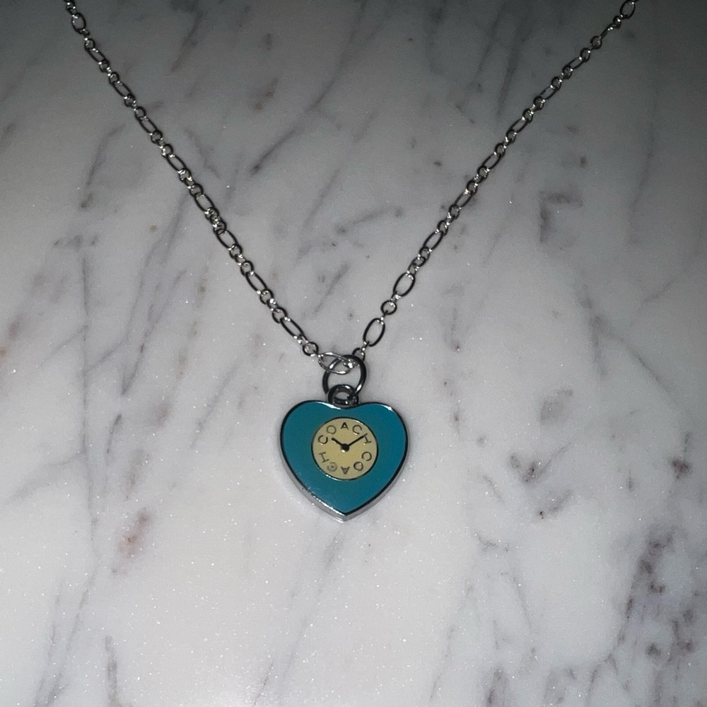 Coach Blue Heart Clock Pendant Necklace 925 sterling silver chain ⏰ ♥️